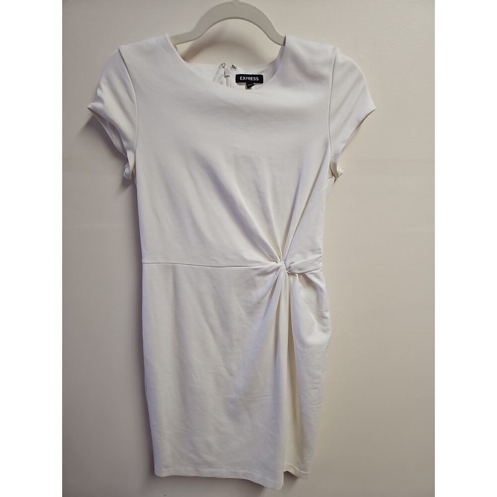 Express Women's Ivory Fitted Twisted Knot Dress Zip Up Back Knee Length Size PS - Picture 2 of 7